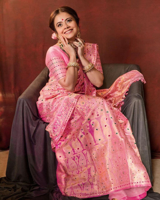 NOZ2TOZ Women Banarasi Silk Woven Saree With Blouse Piece - Pink | Swadesiicart