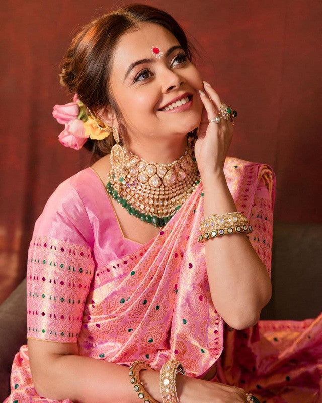 NOZ2TOZ Women Banarasi Silk Woven Saree With Blouse Piece - Pink | Swadesiicart