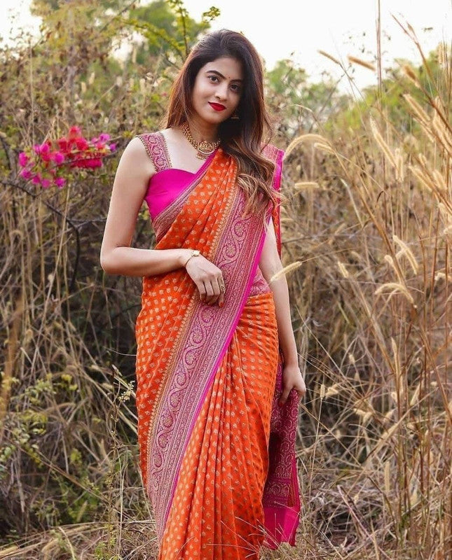 NOZ2TOZ Women Banarasi Silk Woven Saree With Blouse Piece - Orange | Swadesiicart