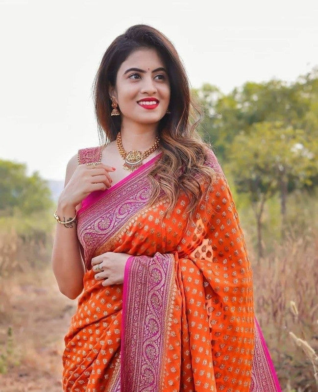 NOZ2TOZ Women Banarasi Silk Woven Saree With Blouse Piece - Orange | Swadesiicart