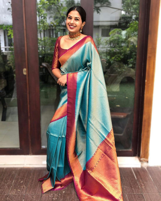 NOZ2TOZ Women Banarasi Silk Woven Saree With Blouse Piece - Sky Blue | Swadesiicart