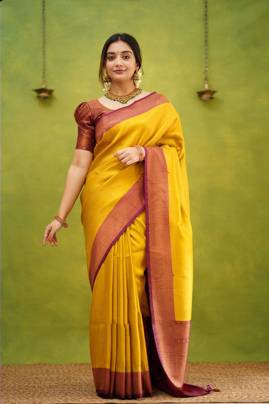 NOZ2TOZ Women Banarasi Silk Woven Saree With Blouse Piece - Yellow | Swadesiicart