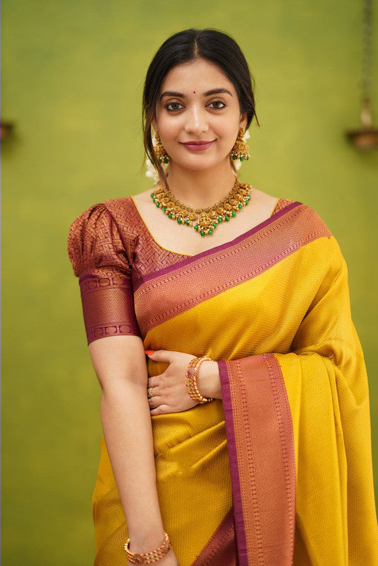 NOZ2TOZ Women Banarasi Silk Woven Saree With Blouse Piece - Yellow | Swadesiicart