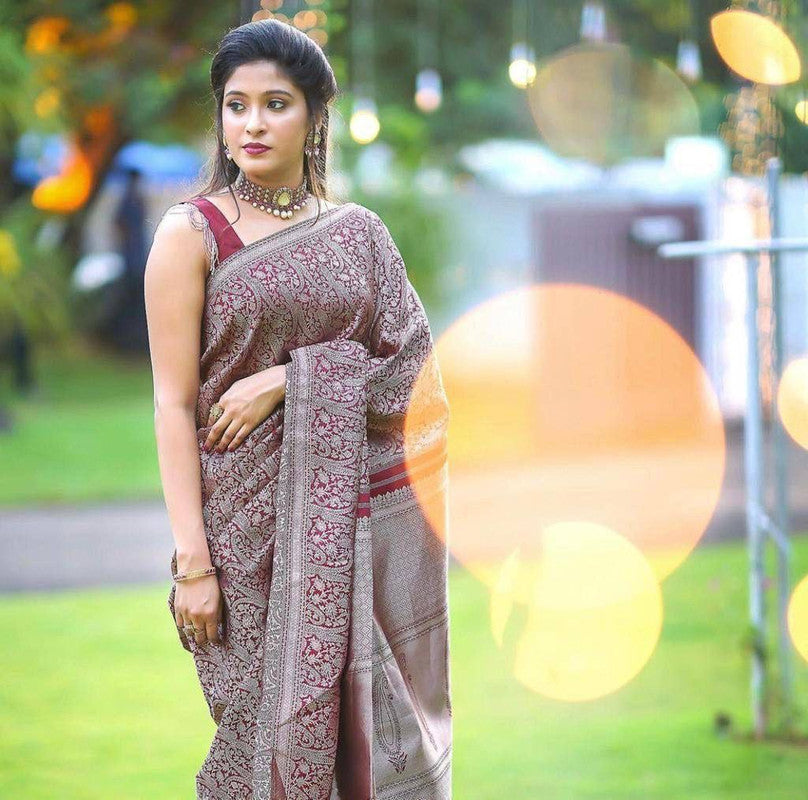 NOZ2TOZ Women Banarasi Silk Woven Saree With Blouse Piece - Wine | Swadesiicart