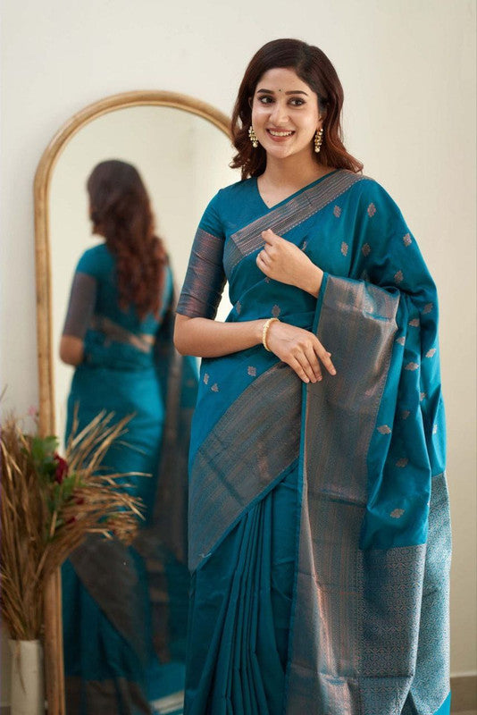 NOZ2TOZ Women Banarasi Silk Woven Saree With Blouse Piece - Firozi | Swadesiicart