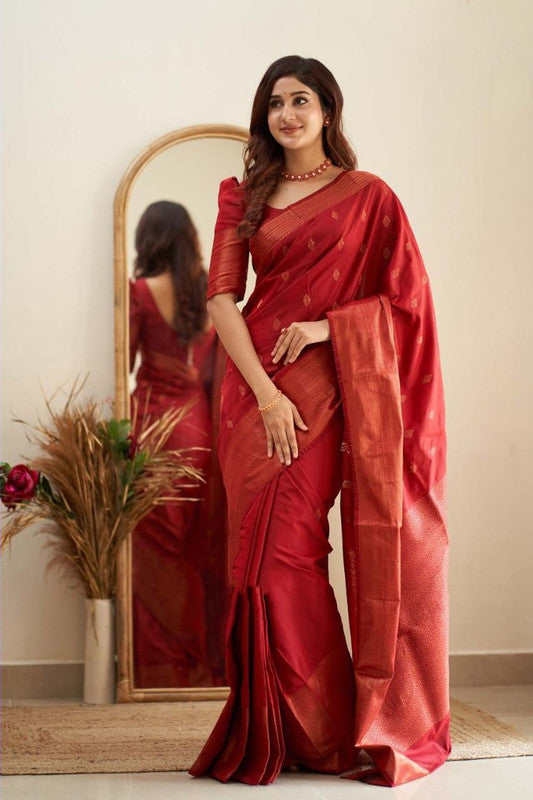 NOZ2TOZ Women Banarasi Silk Woven Saree With Blouse Piece - Red | Swadesiicart