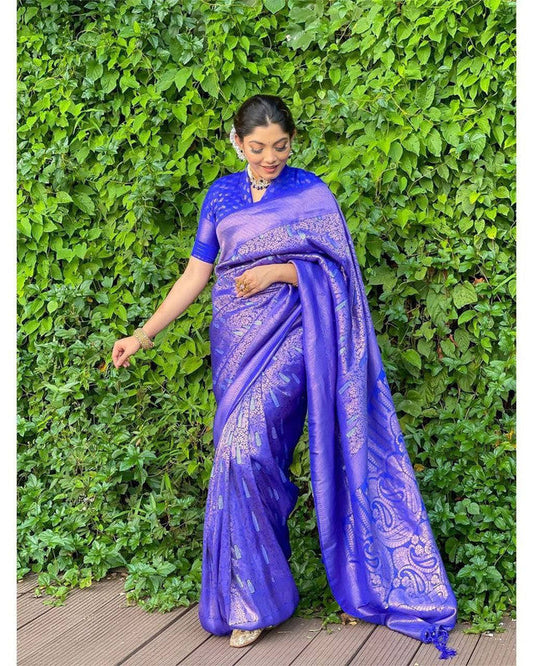 NOZ2TOZ Women Banarasi Silk Woven Saree With Blouse Piece - Blue | Swadesiicart
