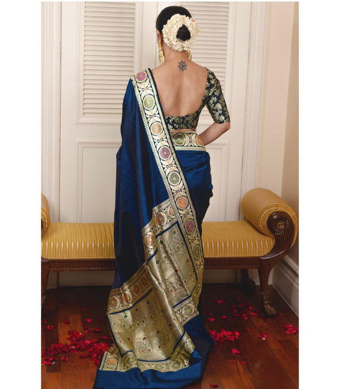 NOZ2TOZ Women Banarasi Silk Woven Saree With Blouse Piece - Blue | Swadesiicart