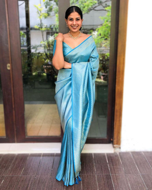 NOZ2TOZ Women Banarasi Silk Woven Saree With Blouse Piece - Sky Blue | Swadesiicart
