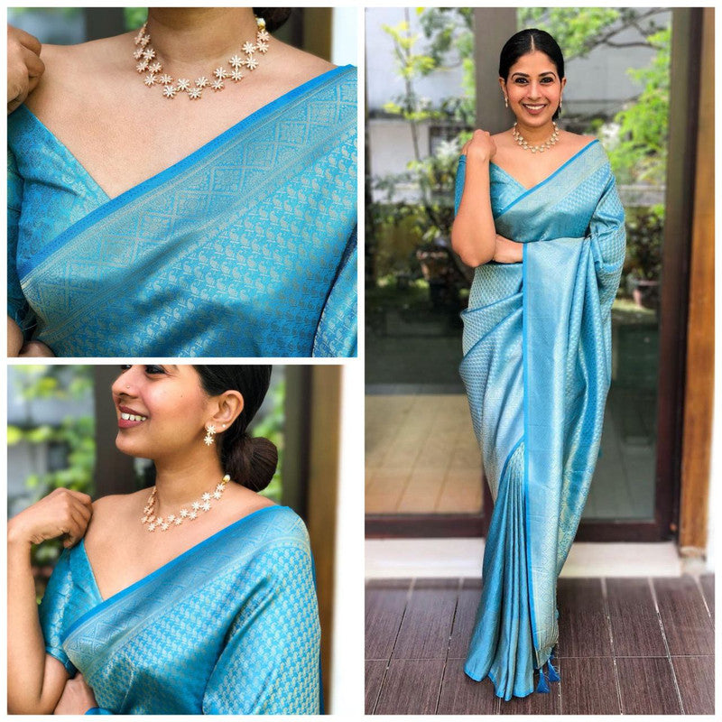 NOZ2TOZ Women Banarasi Silk Woven Saree With Blouse Piece - Sky Blue | Swadesiicart