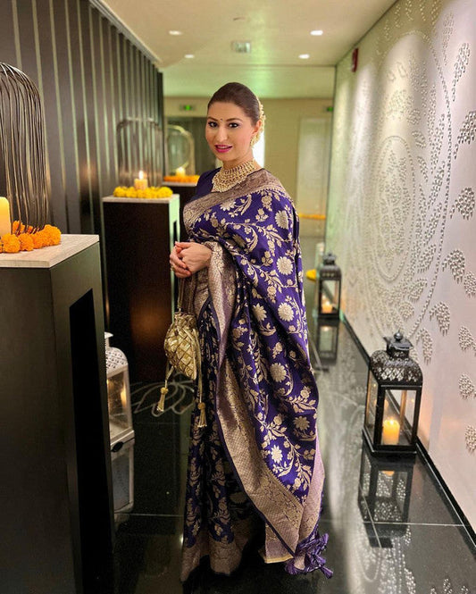 NOZ2TOZ Women Banarasi Silk Woven Saree With Blouse Piece - Blue | Swadesiicart