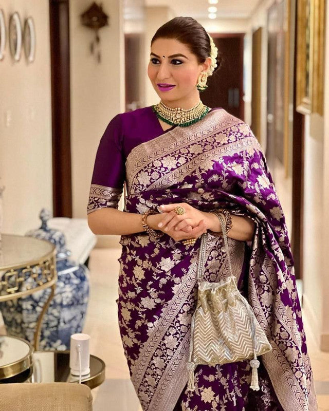 NOZ2TOZ Women Banarasi Silk Woven Saree With Blouse Piece - Purple | Swadesiicart