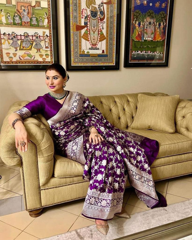 NOZ2TOZ Women Banarasi Silk Woven Saree With Blouse Piece - Purple | Swadesiicart