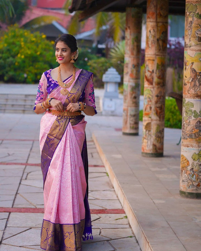 NOZ2TOZ Women Banarasi Silk Woven Saree With Blouse Piece - Pink | Swadesiicart