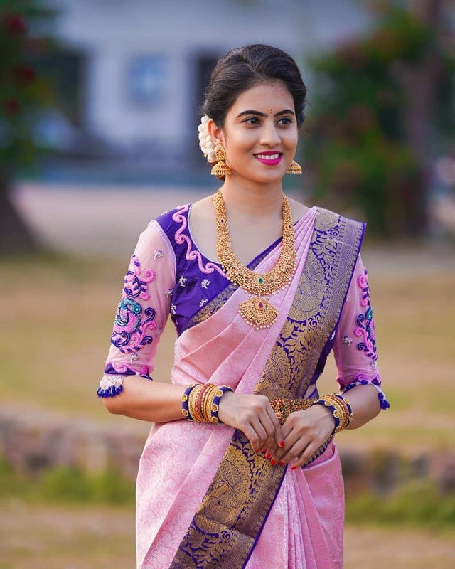 NOZ2TOZ Women Banarasi Silk Woven Saree With Blouse Piece - Pink | Swadesiicart