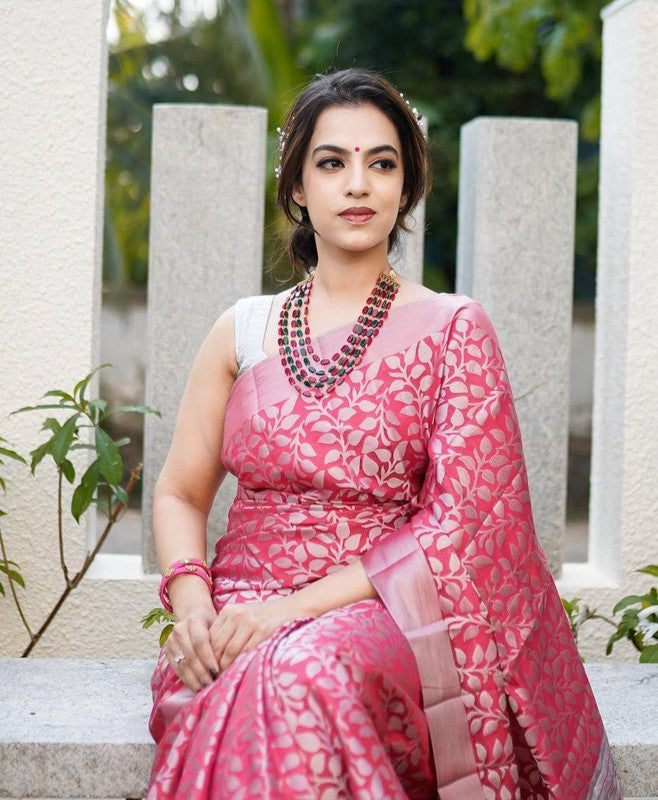 NOZ2TOZ Women Banarasi Silk Woven Saree With Blouse Piece - Pink | Swadesiicart