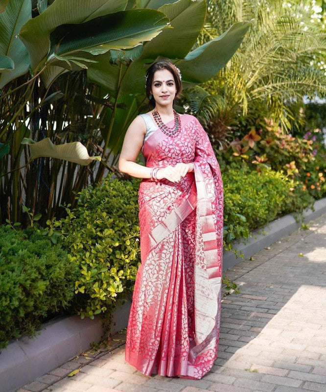NOZ2TOZ Women Banarasi Silk Woven Saree With Blouse Piece - Pink | Swadesiicart