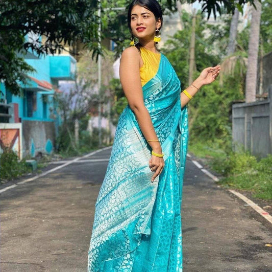 NOZ2TOZ Women Banarasi Silk Woven Saree With Blouse Piece - Sky Blue | Swadesiicart