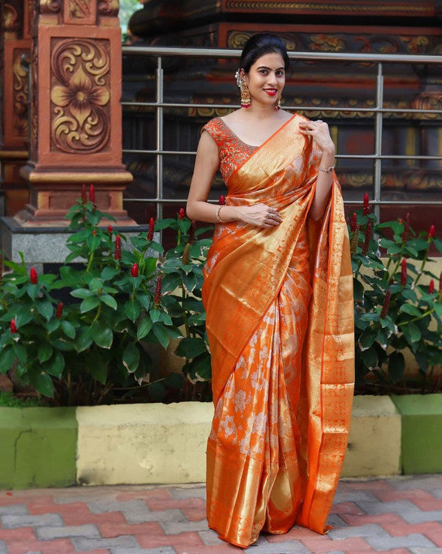 NOZ2TOZ Women Banarasi Silk Woven Saree With Blouse Piece - Orange | Swadesiicart