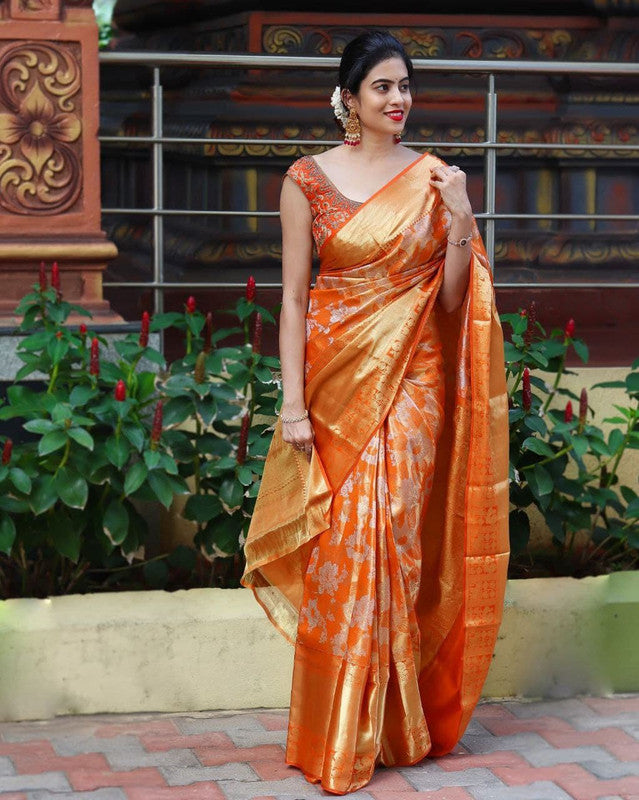 NOZ2TOZ Women Banarasi Silk Woven Saree With Blouse Piece - Orange | Swadesiicart