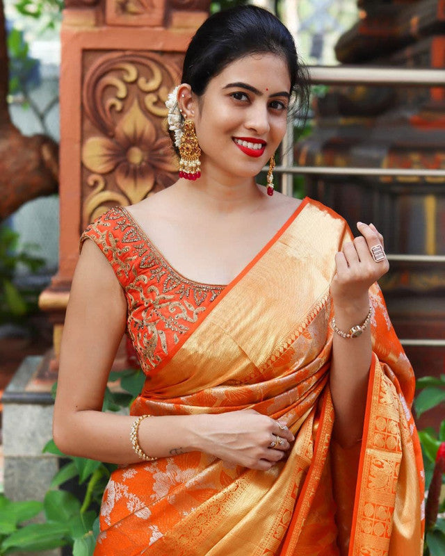 NOZ2TOZ Women Banarasi Silk Woven Saree With Blouse Piece - Orange | Swadesiicart
