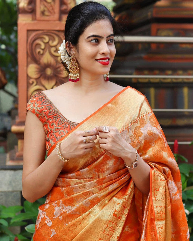NOZ2TOZ Women Banarasi Silk Woven Saree With Blouse Piece - Orange | Swadesiicart