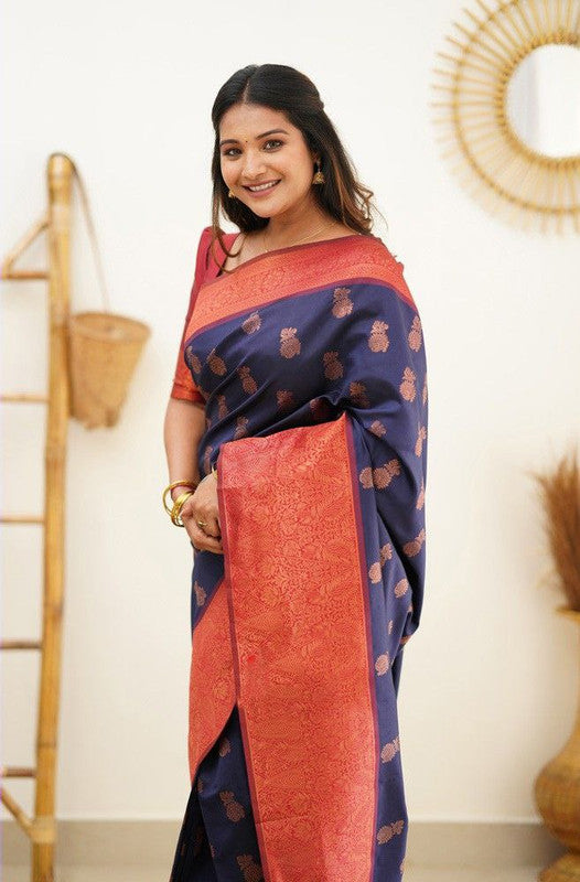 NOZ2TOZ Women Banarasi Silk Woven Saree With Blouse Piece - Navy Blue | Swadesiicart