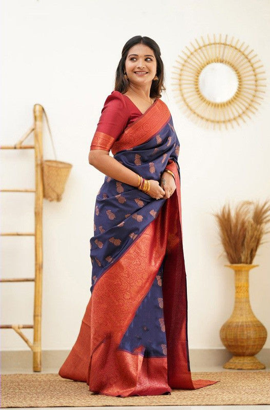 NOZ2TOZ Women Banarasi Silk Woven Saree With Blouse Piece - Navy Blue | Swadesiicart