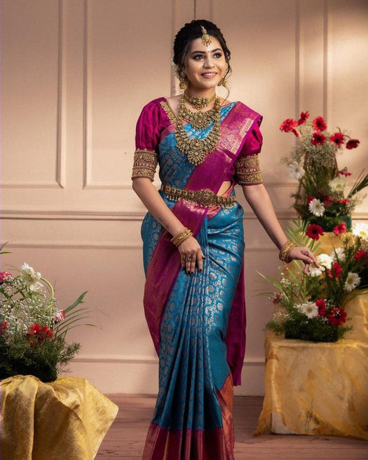 NOZ2TOZ Women Banarasi Silk Woven Saree With Blouse Piece - Sky Blue | Swadesiicart