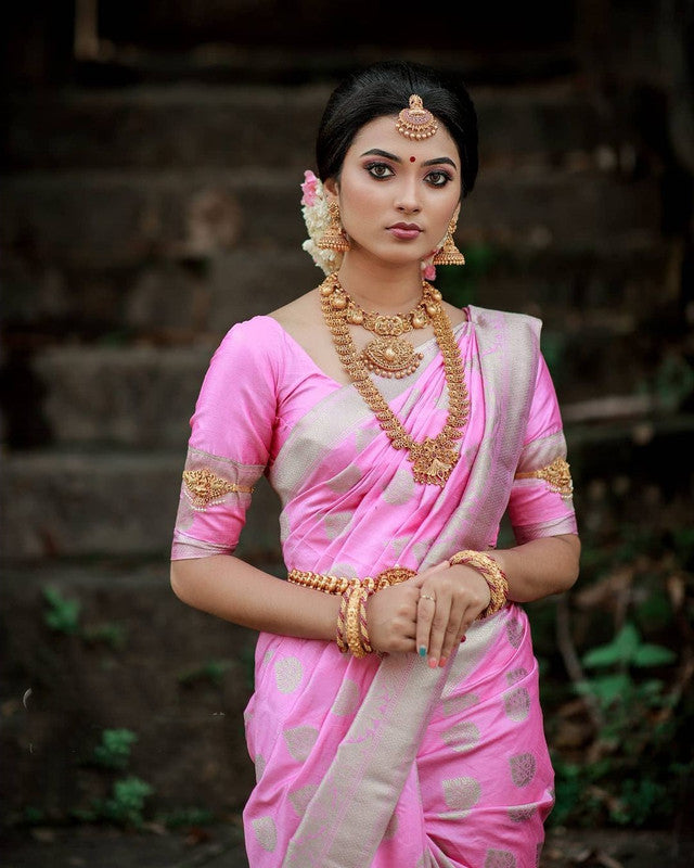 NOZ2TOZ Women Banarasi Silk Woven Saree With Blouse Piece - Pink | Swadesiicart
