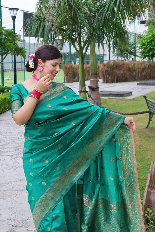 NOZ2TOZ Women Banarasi Silk Woven Saree With Blouse Piece - Teal | Swadesiicart