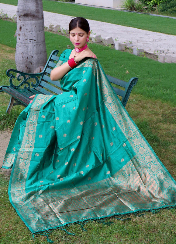 NOZ2TOZ Women Banarasi Silk Woven Saree With Blouse Piece - Teal | Swadesiicart