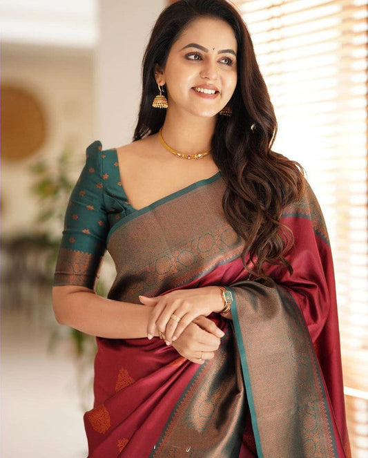NOZ2TOZ Women Banarasi Silk Woven Saree With Blouse Piece - Maroon | Swadesiicart