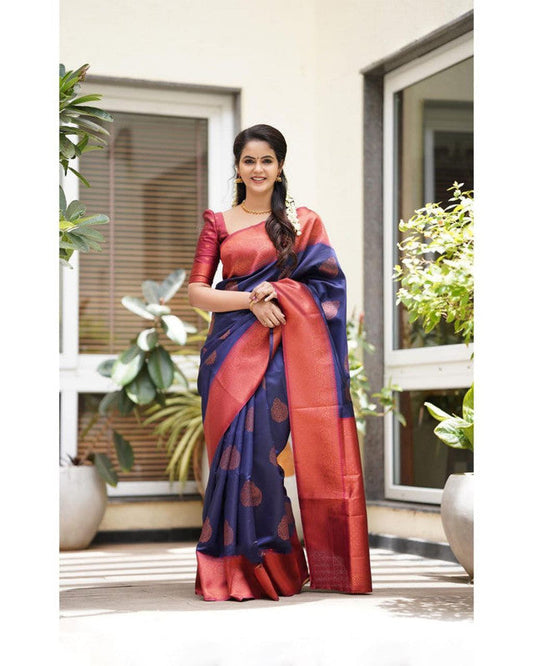 NOZ2TOZ Women Banarasi Silk Woven Saree With Blouse Piece - Navy Blue | Swadesiicart