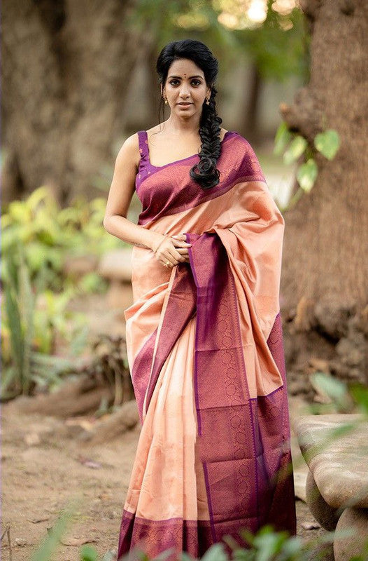 NOZ2TOZ Women Banarasi Silk Woven Saree With Blouse Piece - Peach | Swadesiicart