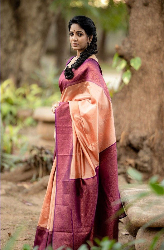 NOZ2TOZ Women Banarasi Silk Woven Saree With Blouse Piece - Peach | Swadesiicart