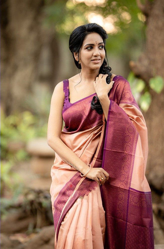 NOZ2TOZ Women Banarasi Silk Woven Saree With Blouse Piece - Peach | Swadesiicart