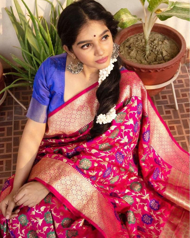 NOZ2TOZ Women Banarasi Silk Woven Saree With Blouse Piece - Pink | Swadesiicart