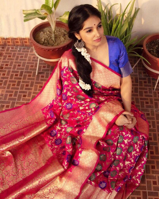 NOZ2TOZ Women Banarasi Silk Woven Saree With Blouse Piece - Pink | Swadesiicart