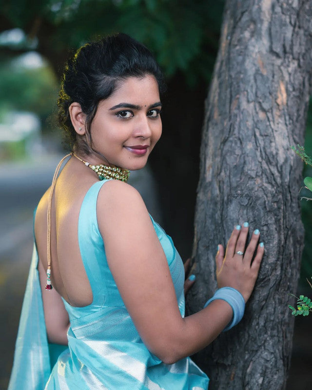 NOZ2TOZ Women Banarasi Silk Woven Saree With Blouse Piece - Sky Blue | Swadesiicart