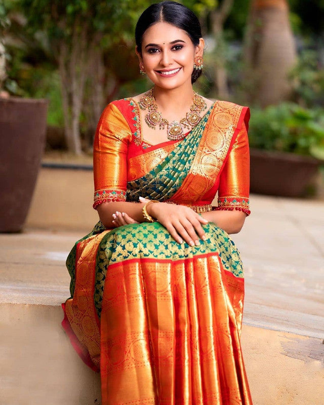 NOZ2TOZ Women Banarasi Silk Woven Saree With Blouse Piece - Green | Swadesiicart