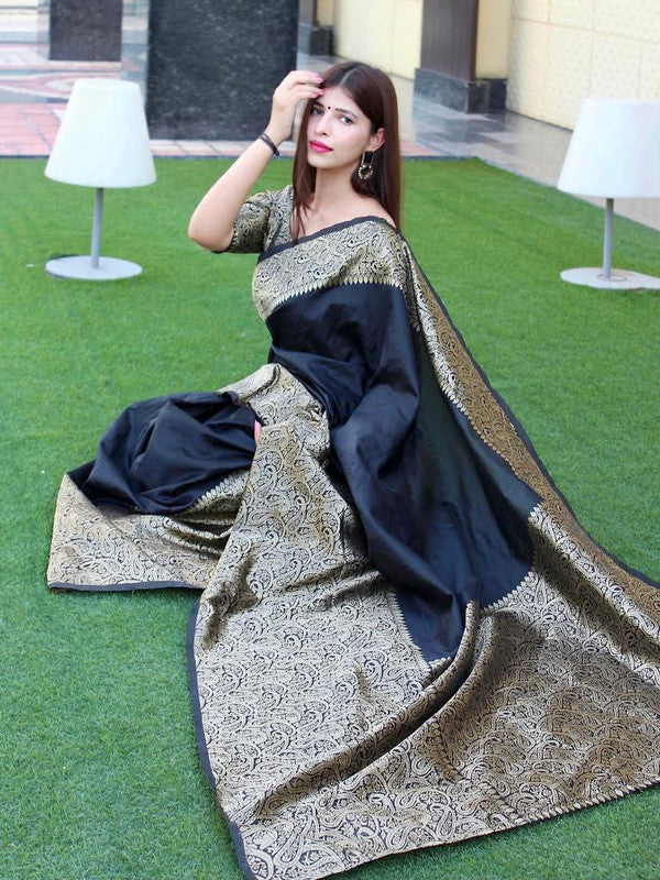 NOZ2TOZ Women Banarasi Silk Woven Saree With Blouse Piece - Black | Swadesiicart