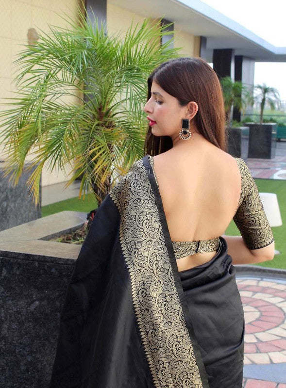 NOZ2TOZ Women Banarasi Silk Woven Saree With Blouse Piece - Black | Swadesiicart