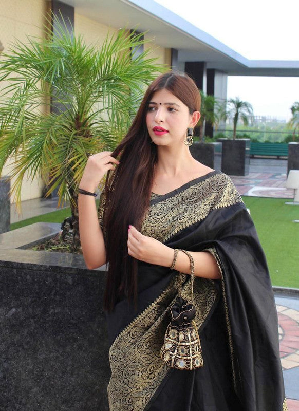 NOZ2TOZ Women Banarasi Silk Woven Saree With Blouse Piece - Black | Swadesiicart