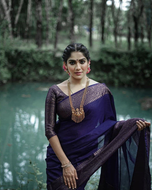 NOZ2TOZ Women Banarasi Silk Woven Saree With Blouse Piece - Navy Blue | Swadesiicart