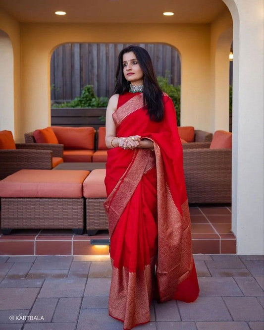 NOZ2TOZ Women Banarasi Silk Woven Saree With Blouse Piece - Red | Swadesiicart