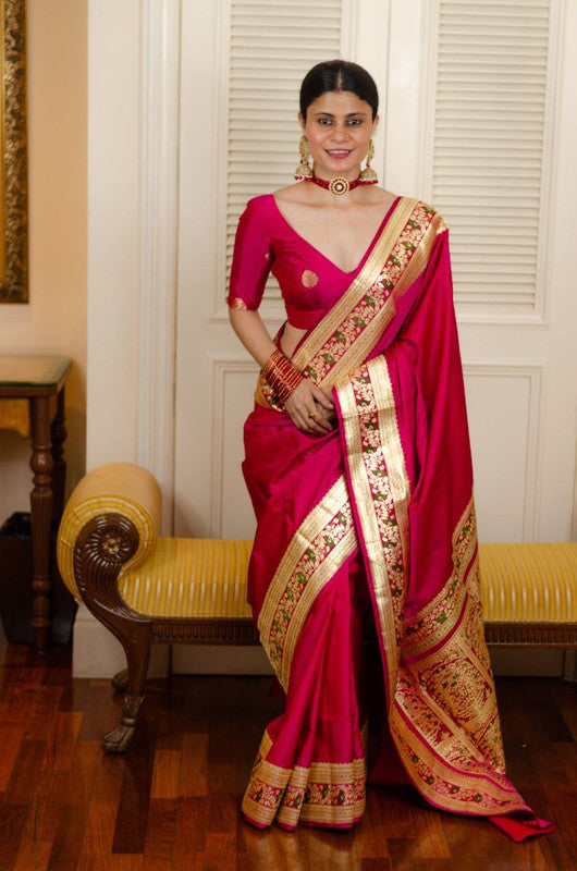 NOZ2TOZ Women Banarasi Silk Woven Saree With Blouse Piece - Pink | Swadesiicart