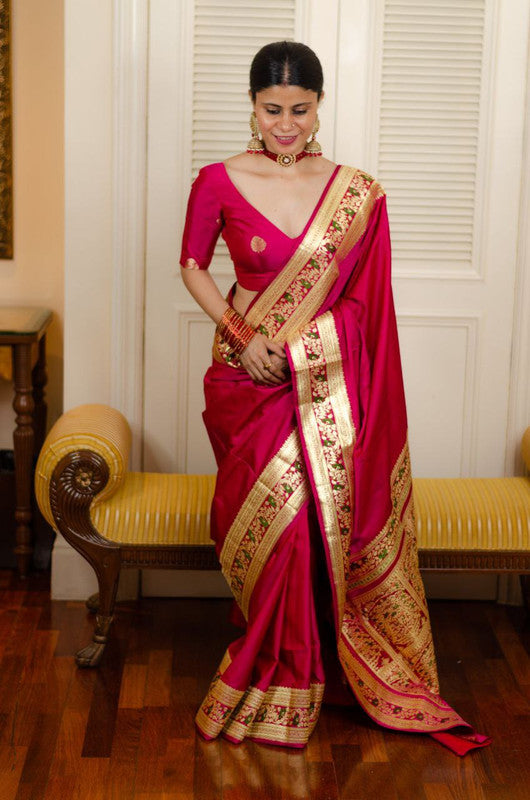NOZ2TOZ Women Banarasi Silk Woven Saree With Blouse Piece - Pink | Swadesiicart