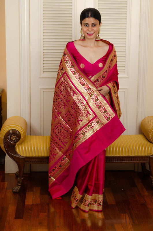 NOZ2TOZ Women Banarasi Silk Woven Saree With Blouse Piece - Pink | Swadesiicart