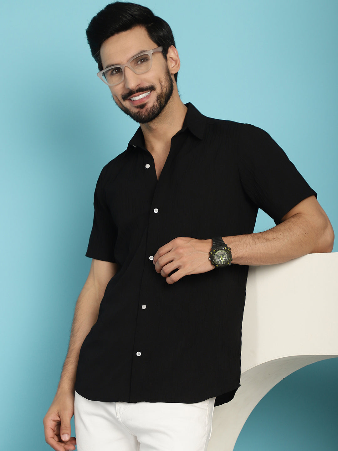 Indian Needle Men's Striped Casual Shirt - Black | Swadesiicart